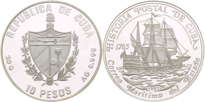 Куба 10 песо 1992 история почты Кубы, испанский галеон, парусник Correo Maritimo del Estado KM 341 серебро PROOF 00-00