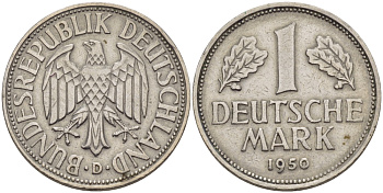 ФРГ 1 марка 1950 D, KM 110, J. 385 медно-никель 67-744