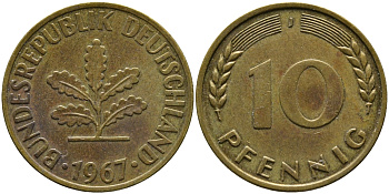ФРГ 10 ПФЕННИГОВ 1967 J KM 108, J. 383 сталь плакированная латунью 98-415