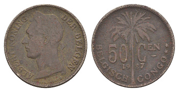 Бельгийское Конго 50 сантимов 1927 Надпись на голландском - 'ALBERT KONING DER BELGEN' KM 23 медно-никель 4650-431