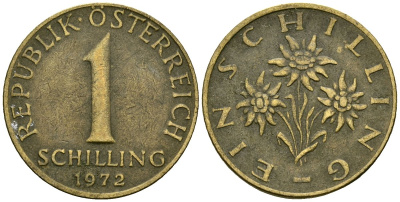 Австрия 1 шиллинг 1972 KM 2886 алюминиевая бронза 4138-432
