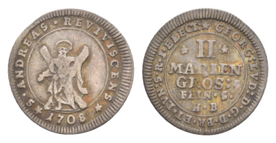 Брауншвейг-Каленберг-Ганновер 2 мариенгроша 1708 HB, Георг I (1698-1727), из коллекции Ричарда Б. Смита Welter 2201, KM 52 серебро 1525-824