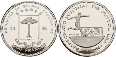 Экваториальная Гвинея 1000 франков 1993 чемпионат мира по футболу 1994 года в США KM 131 медно-никель PROOF 11-155-25