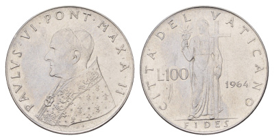 Ватикан 100 лир 1964 Павел VI (1963-1978) KM 82 нержавеющая сталь UNC 4671-1014