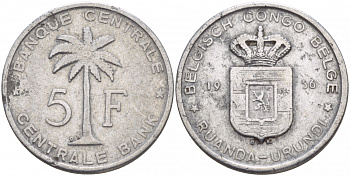 Бельгийское Конго 5 франков 1956 DB Руанда-Бурунди KM 3 алюминий 4548-221