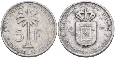Бельгийское Конго 5 франков 1956 DB Руанда-Бурунди KM 3 алюминий 4548-221