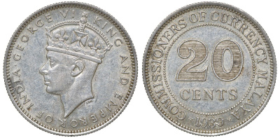 Британская Малайя 20 центов 1939 Георг VI (1937-1952) KM 5 серебро 53-337