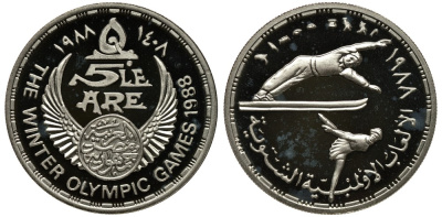 Египет 5 фунтов 1988 АН1408, зимние олимпийские игры, фигурное катание, прыжки с трамплина KM 628 серебро PROOF 01-239-12