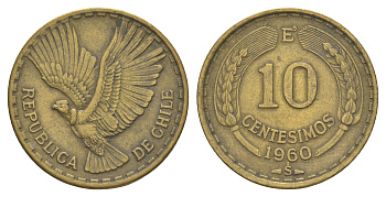 Чили 10 сентесимо 1960 редкий год KM 191 алюминиевая бронза 4620-115
