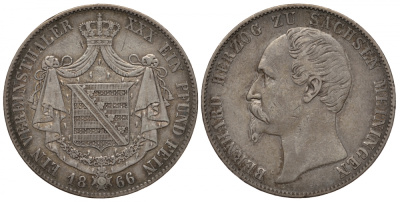 САКСЕН-МАЙНИНГЕН 1 ТАЛЕР 1866 БЕРНХАРД II (1821-1866) KM 167, Jaeger 450, Thun 379, AKS 184, Kahnt 505, Davenport 838 серебро 413-4544