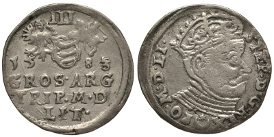 Великое княжество Литовское 3 гроша (трояк) 1583 Стефан Баторий (1576-1586), король Польский и Великий Князь Литовский, вес 2,37 гр. Gumowski 758, Kopicki 3370, Iger V.83.1 серебро 1516-1332