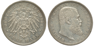 Вюртемберг 5 марок 1904 F, Вильгельм II (1891-1918) Weege 172, J. 176, KM 632 серебро 00-1067-1-54