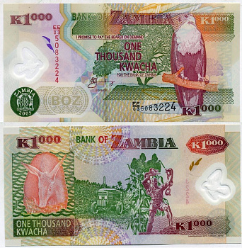 Замбия 1000 квач 2005 трубкозуб, трактор, статуя Свободы в Лусаке Pick 44 d пластик UNC (пресс) 444-40-2