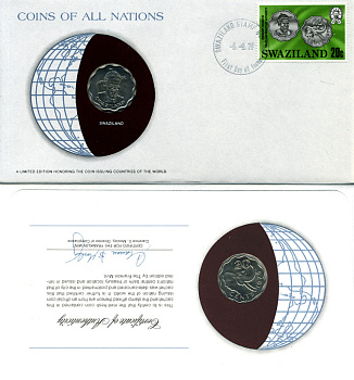 Свазиленд 20 центов 1975 конверт с маркой первого дня гашения, Coins of Nations KM 11 медно-никель  UNC   4294-20-2