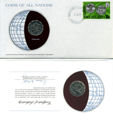 Свазиленд 20 центов 1975 конверт с маркой первого дня гашения, Coins of Nations KM 11 медно-никель  UNC   4294-20-2