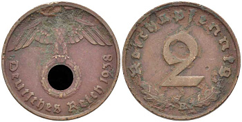 ГЕРМАНИЯ 2 РЕЙХСПФЕННИГА 1938 B KM 90, J. 362 бронза 175-251