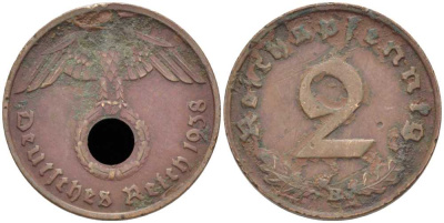 ГЕРМАНИЯ 2 РЕЙХСПФЕННИГА 1938 B KM 90, J. 362 бронза 175-251