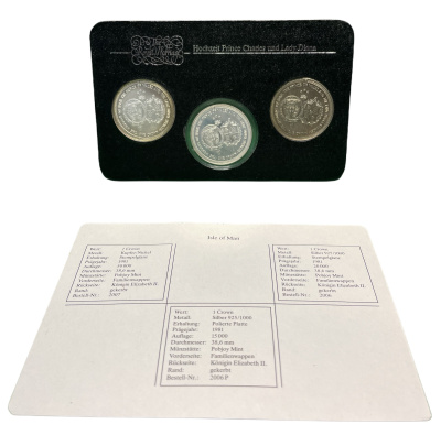 Остров Мэн набор из 3 монет по 1 крона 1981 Королевская свадьба принца Чарльза и леди Дианы, гербы, в буклете KM 81, 81а, 81а серебро, серебро, медно-никель PROOF, UNC, UNC 7-5-1-18