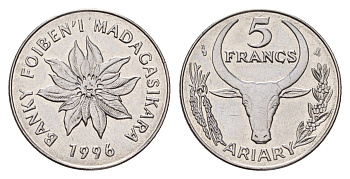 Мадагаскар 5 франков 1996 год-тип KM 21 нержавеющая сталь UNC 213-725