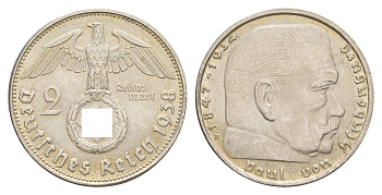 Германия 2 рейхсмарки 1938 B, Пауль фон Гинденбург (1847-1934) KM 93 серебро aUNC 1528-142