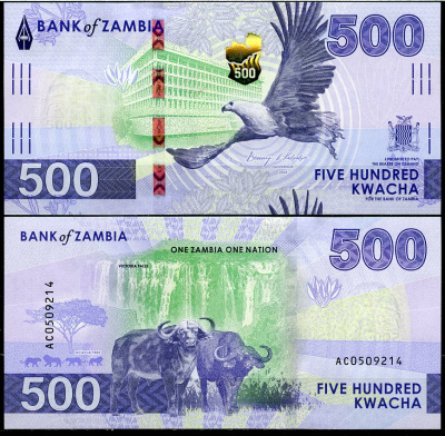 Замбия 500 квача 2024 орел, здание Центрального банка, водопад Виктория, буйволы Pick 67  бумага  UNC (пресс) 451-1037-1