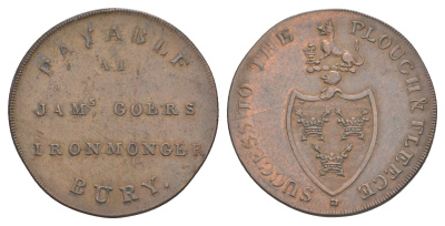 Великобритания, Саффолк, Бьюри 1/2 пенни 1795 Джон Гауэр, токен, гурт гладкий Dalton & Hamer 27 медь aUNC 3711-322