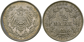 ГЕРМАНИЯ 1/2 МАРКИ 1918 E J. 16, KM 17 серебро UNC 65-256