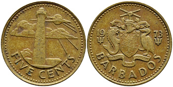 Барбадос 5 центов 1973 маяк Саут-Пойнт KM 11 латунь 4398-453