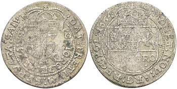 Польша 1 гульден (30 грошей - 1/3 талера - злотовка - тымф) 1664 AT, Ян II Казимир (1648-1668), вес 5,98 гр. KM 120, Kopinski 173.2, Gumowski 1771 серебро 1517-915