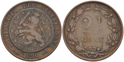 НИДЕРЛАНДЫ 2 1/2 ЦЕНТА 1890 ВИЛЬГЕЛЬМИНА KM 108 бронза 31-951