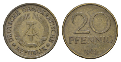 ГДР 20 пфеннигов 1969 A KM 11 латунь 4616-346