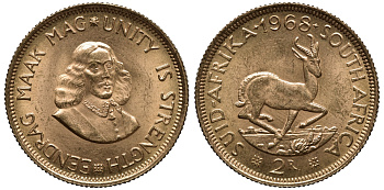 ЮАР 2 ранда 1968 KM 64 золото UNC 00-809-60