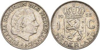 Нидерланды 1 гульден 1955 Юлиана (1948-1980) KM 184 серебро 4126-1144