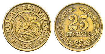 Парагвай 25 сентимо 1951 KM 23 алюминиевая бронза 4127-1532