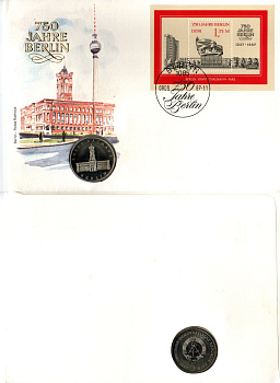 ГДР 5 марок 1987 750 лет Берлину, Красная Ратуша, в конверте с маркой (КПД - Конверт первого дня Гашения) KM 115 медь цинк никель UNC 9000-07