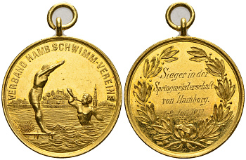 Гамбург медаль 1911 победителю весеннего чемпионата по плаванию, 27,55 мм, 11,39 гр золото 10-009-27