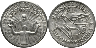 ИТАЛИЯ МЕДАЛЬ 1975 ANNO SANTO, RINNOVAMENTO E RICONCILIAZIONE, ДИАМЕТР 35 ММ. белый металл 4386-432