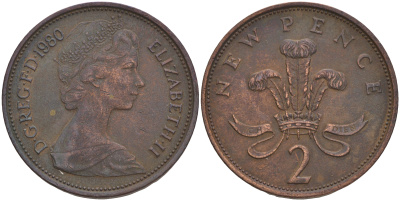 Великобритания 2 пенса 1975 Елизавета II (1952-2022) KM 916, Spink 4235 (C1) бронза 4561-552