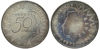 Нидерланды 50 гульденов 1987 золотая свадьба Королевы матери и принца Бернарда, Королева Беатрикс KM 209 серебро UNC 443-1024