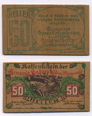 Австрия, Хадерсфельд 50 геллеров 1920 1 июня 1920, деревянный нотгельд   дерево  UNC 2192-98-1-1