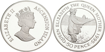 Остров Вознесения 50 пенсов 1995 95 лет со дня рождения Королевы Матери, на рыбалке KM 7a серебро PROOF 11-076-12
