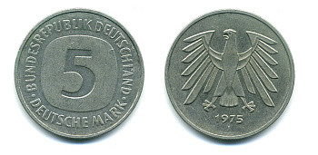 ФРГ 5 марок 1975 J, монетный двор Гамбург КМ 140.1, J. 415 медно-никель плакированный никелем 37-1116