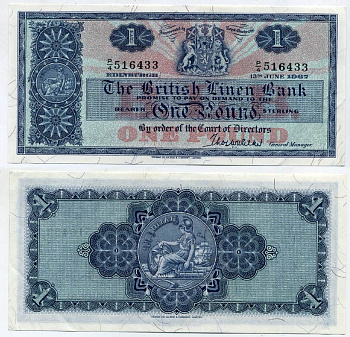 Шотландия 1 фунт 1967 13 июня 1967, British Linen Bank Pick 168 бумага XF 451-28-2