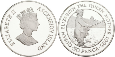 Остров Вознесения 50 пенсов 1995 95 лет со дня рождения Королевы Матери, на рыбалке KM 7a серебро PROOF 11-076-12