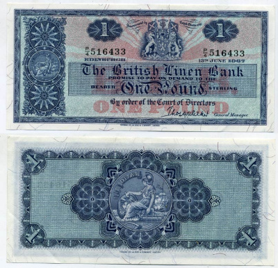 Шотландия 1 фунт 1967 13 июня 1967, British Linen Bank Pick 168 бумага XF 451-28-2