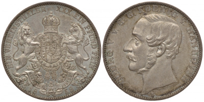 Брауншвейг-Каленберг-Ганновер 1 талер 1858 B, Георг V (1851-1866) КМ 230, Welter 3188, Thun 174, AKS 144, Jäger 96, Kahnt 239, Davenport 6820 серебро 00-809-31