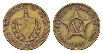 Куба 5 сентаво 1943 год-тип KM 11.3a латунь 4392-633