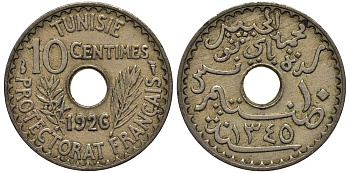 ТУНИС 10 САНТИМОВ 1926 АН1345, MUHAMMED al-HABIB BEY KM 254 никель бронза 4182-1146