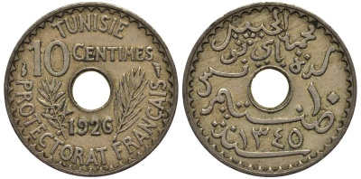 ТУНИС 10 САНТИМОВ 1926 АН1345, MUHAMMED al-HABIB BEY KM 254 никель бронза 4182-1146