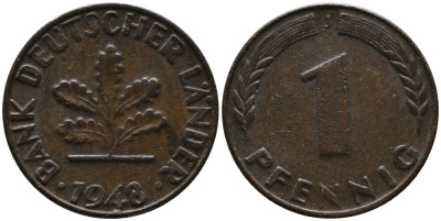 ФРГ 1 пфенниг 1948 J KM А101, J.376 сталь плакированная медью 99-238